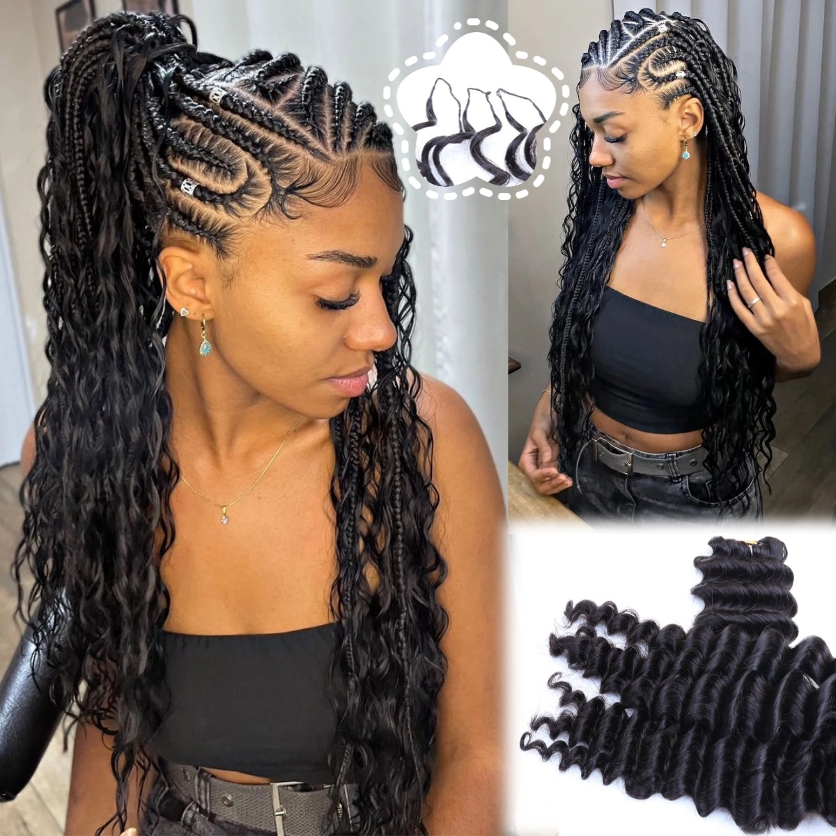 Women Fashion Hair Style - Naturalne, czarne, głęboko falowane pasma włosów